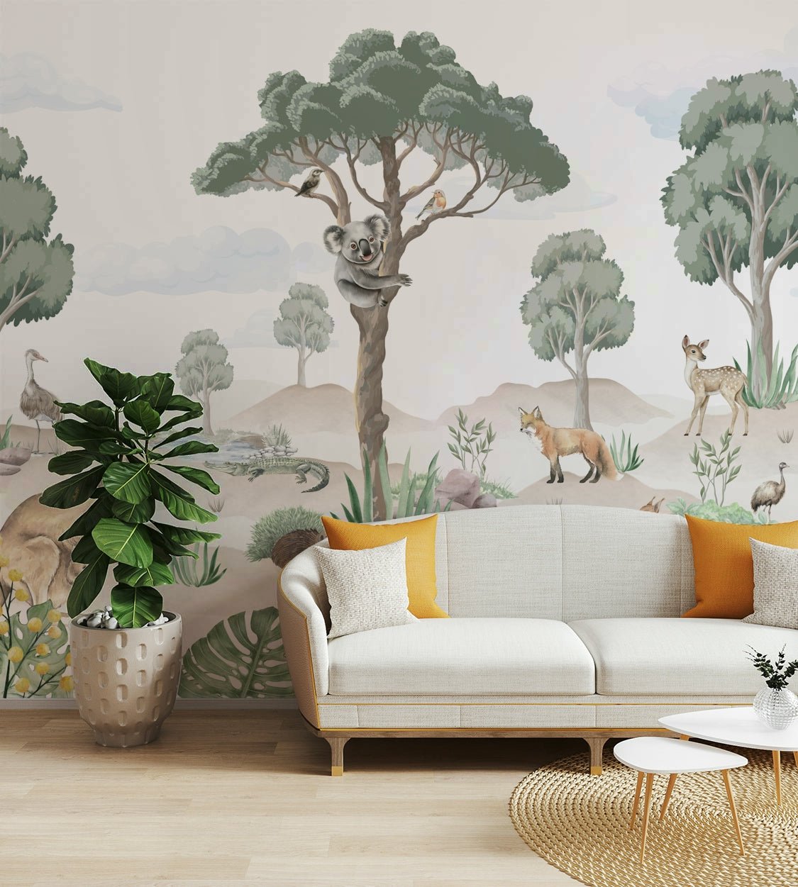 A kangaroo with a joey in its pouch is standing nearby.

