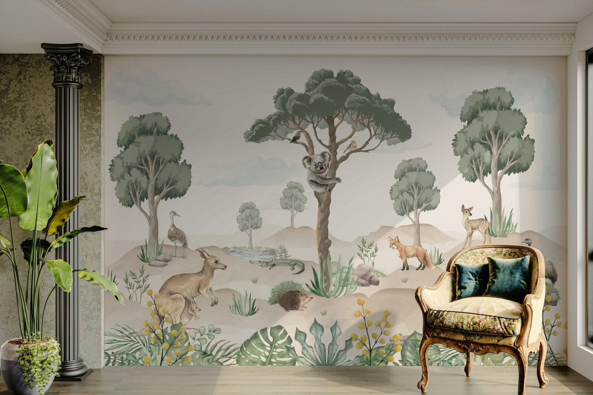 The background is a peaceful eucalyptus forest.

