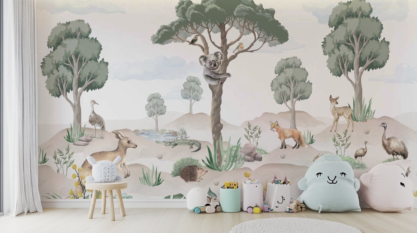 The image features various stylized, cute native animals like koalas, kangaroos, and cockatoos.
