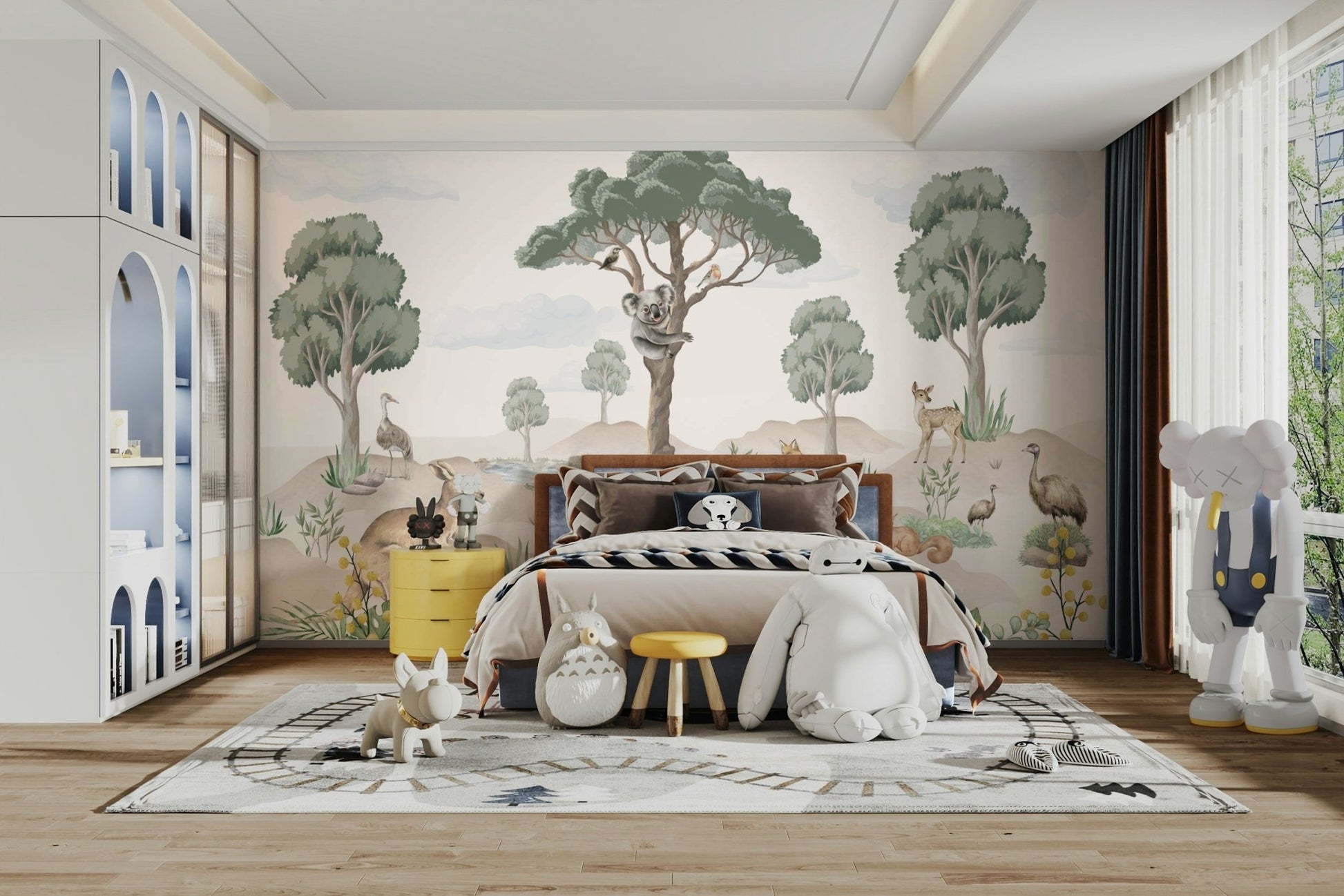 The animals are set among large eucalyptus trees and lush bushes.
