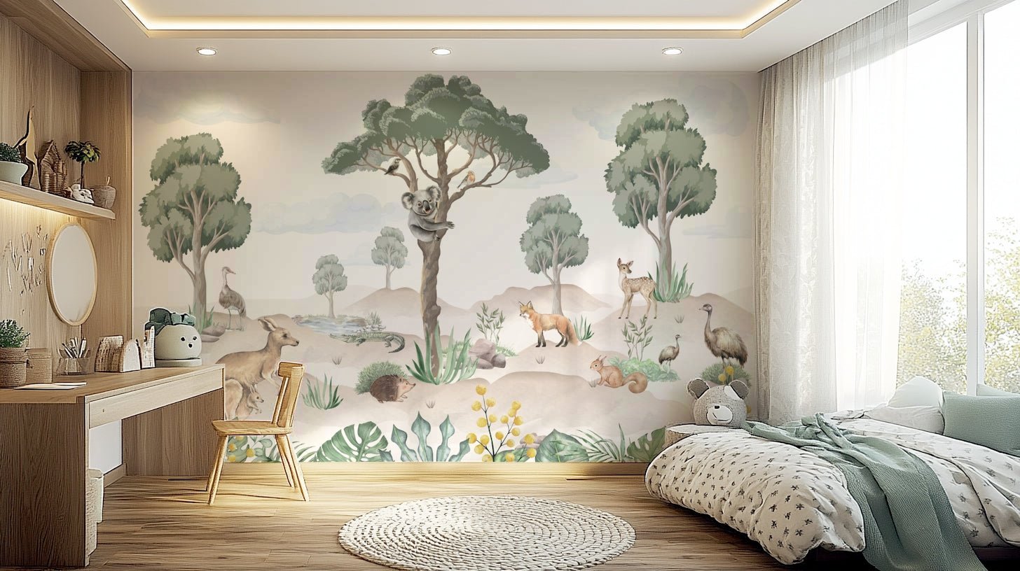 A full-wall mural of a peaceful Australian wildlife scene.
