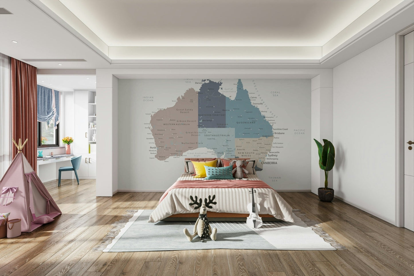 A wall mural of a map of Australia.

