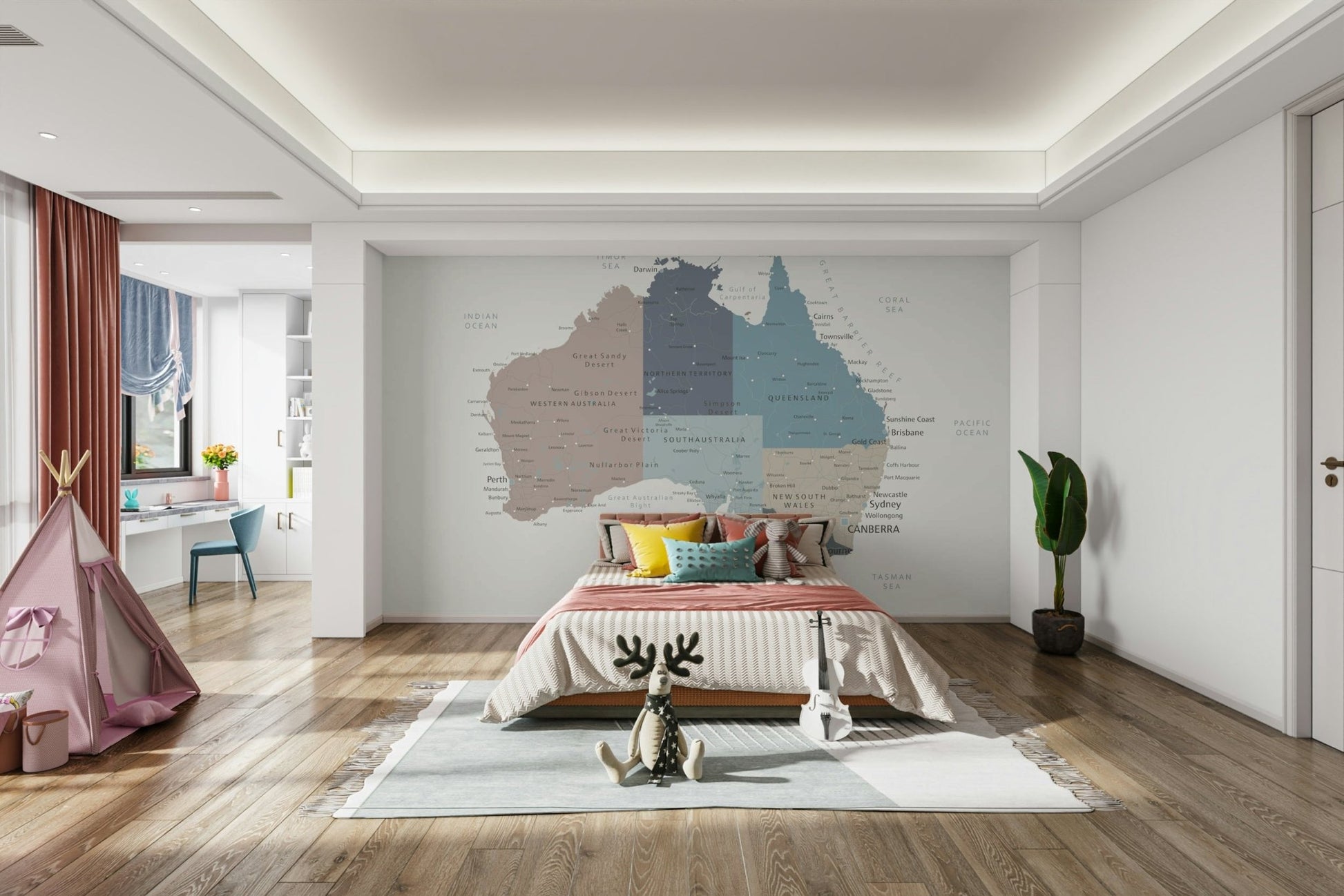 A wall mural of a map of Australia.

