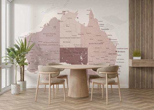 The image shows an artistic impression of a serene Australian landscape with a pink glow.

