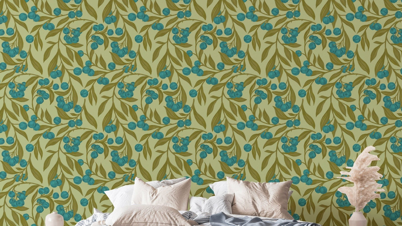 Refreshing blue wallpaper featuring autumn berries for walls.
