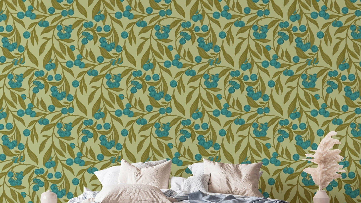 Refreshing blue wallpaper featuring autumn berries for walls.
