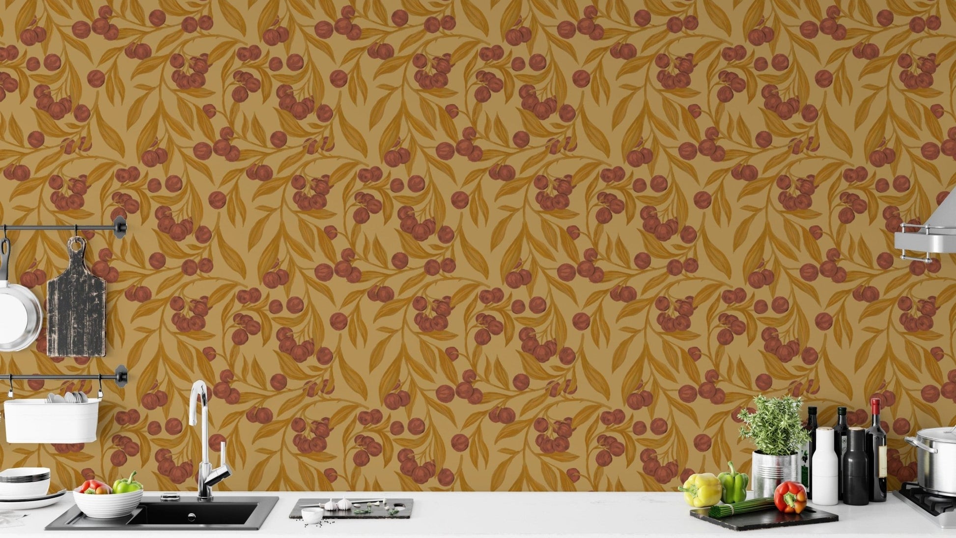 Nature-inspired red wallpaper with autumn berries for warmth.
