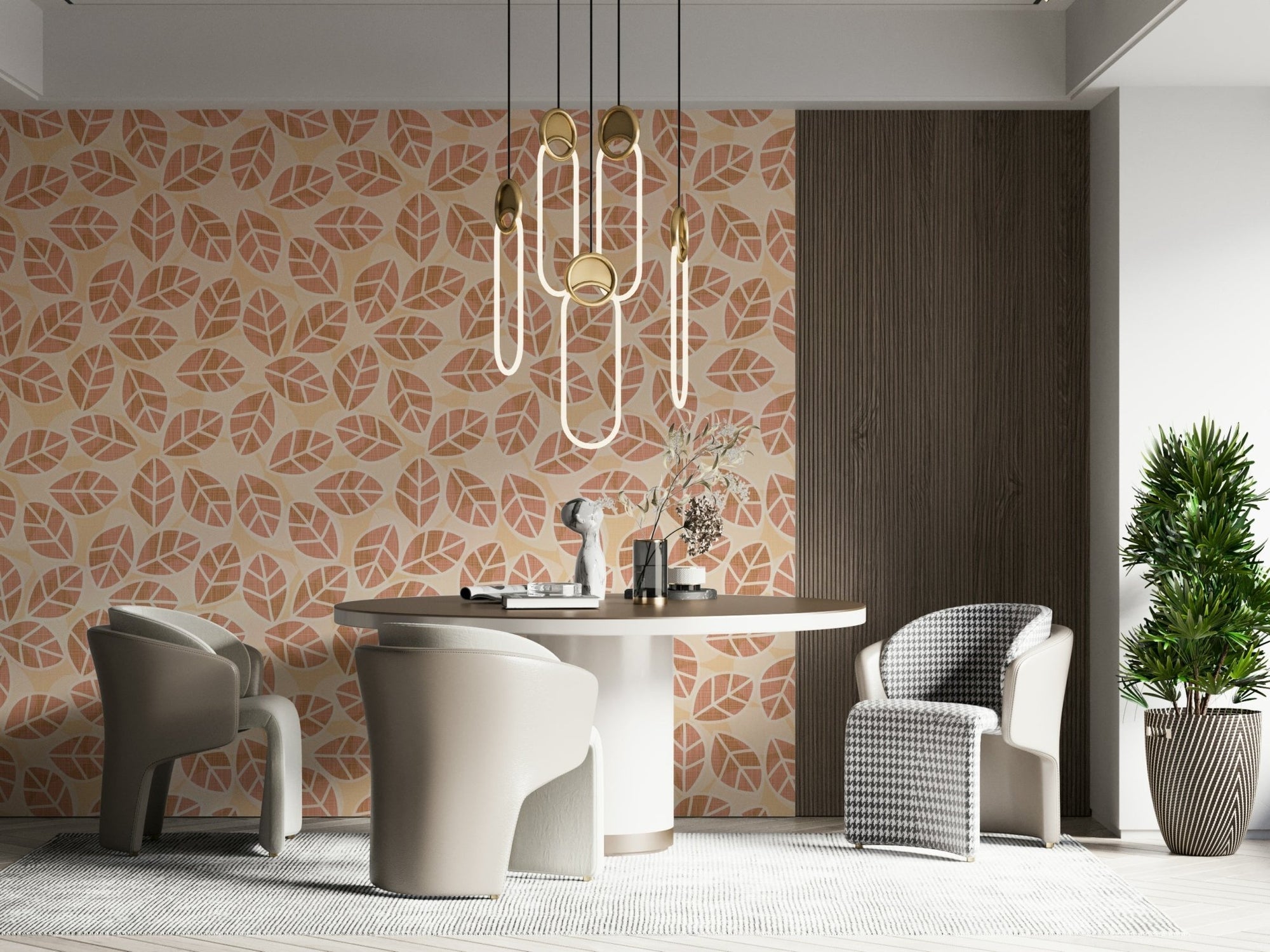 Autumn Blush Leaves Wallpaper in a cozy, rustic living room., GD6219