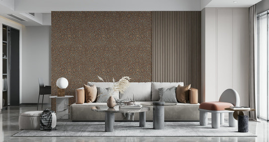Autumn Burst Wallpaper design, teal and gold teardrops on a warm brown background.