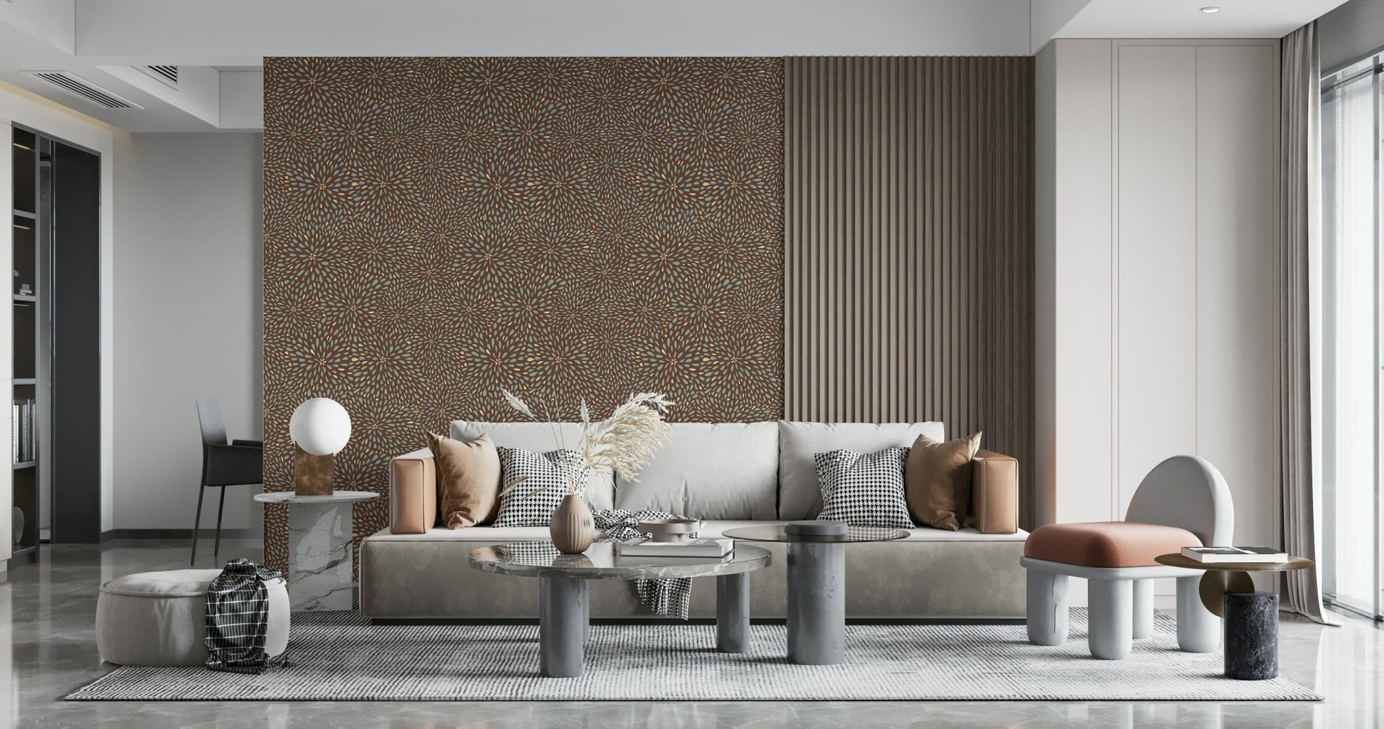 Autumn Burst Wallpaper design, teal and gold teardrops on a warm brown background., GD6631