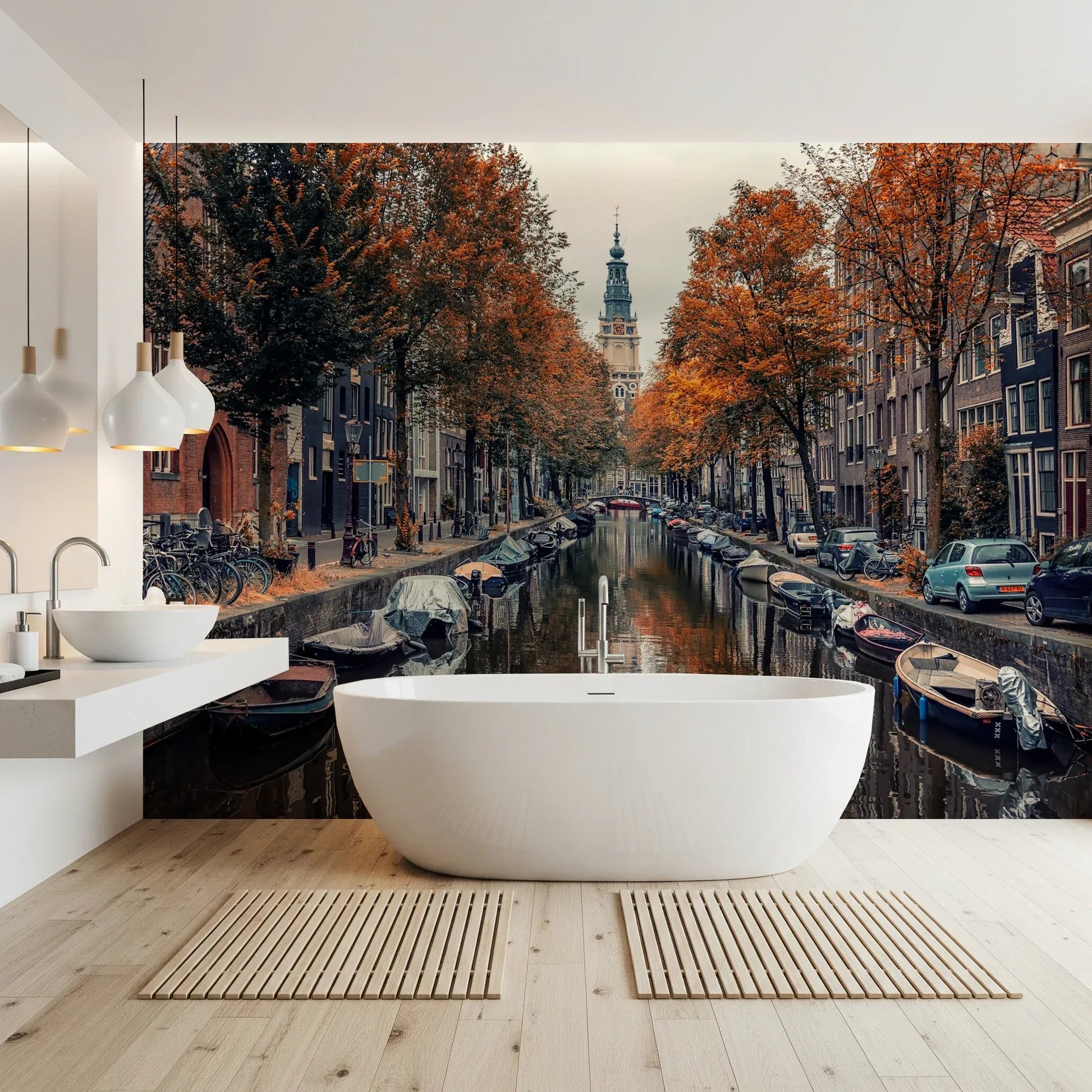 Autumn Canal Charm Wall Mural under soft natural light wallpaper mural.