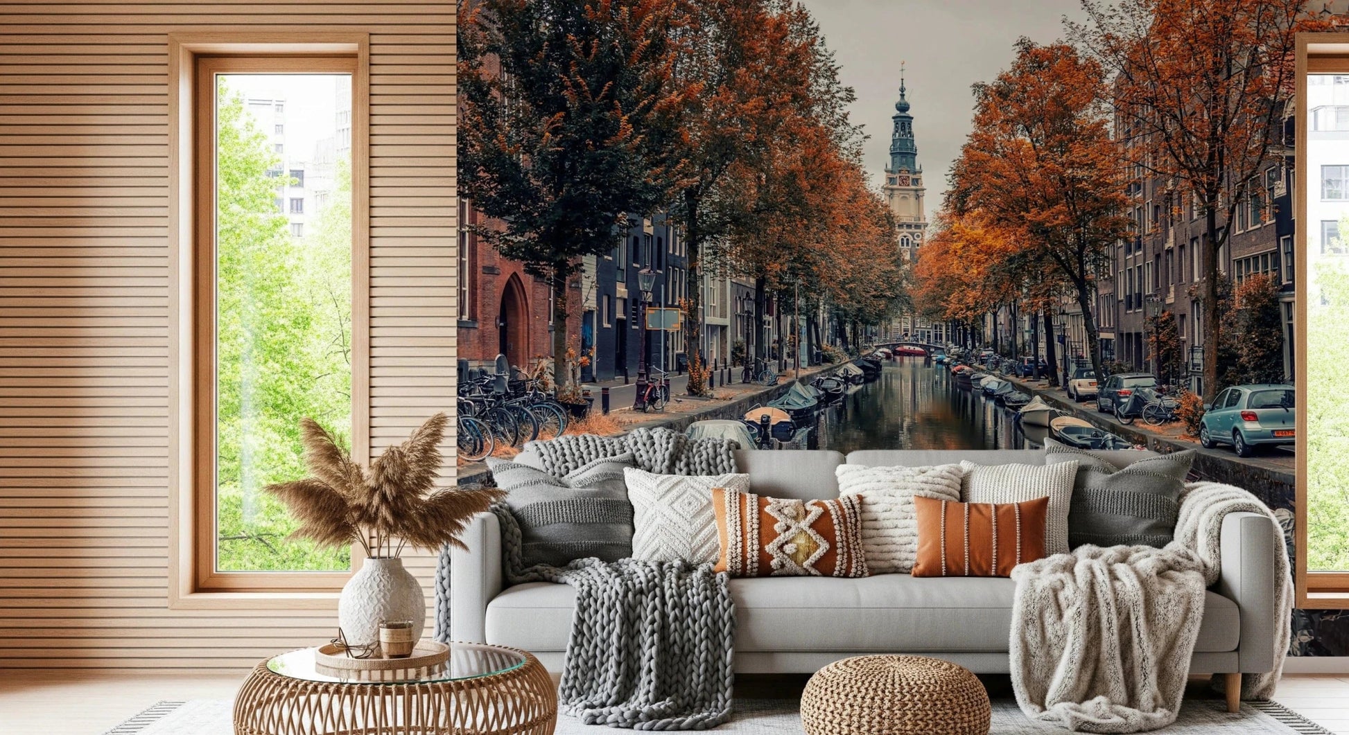 Rustic canal path with falling leaves wallpaper mural for hallways.