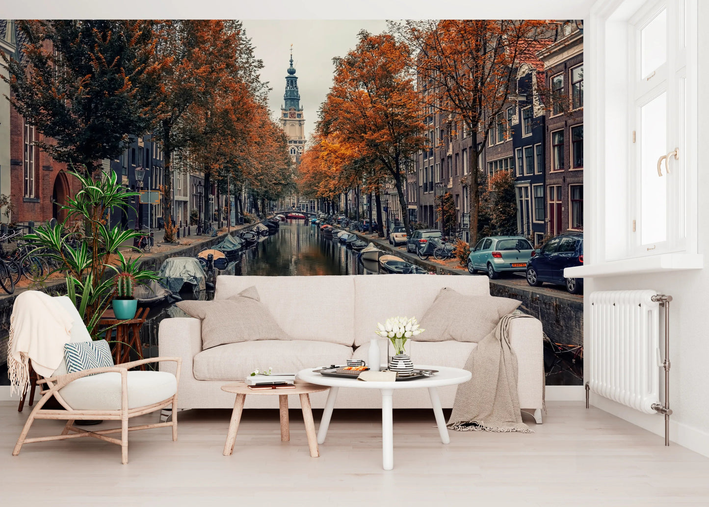 Autumn Canal Charm Wall Mural with wooden boat on calm water wallpaper mural.