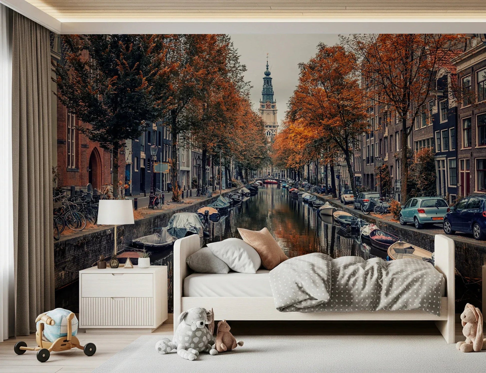 Classic European waterway landscape wallpaper mural for dining areas.