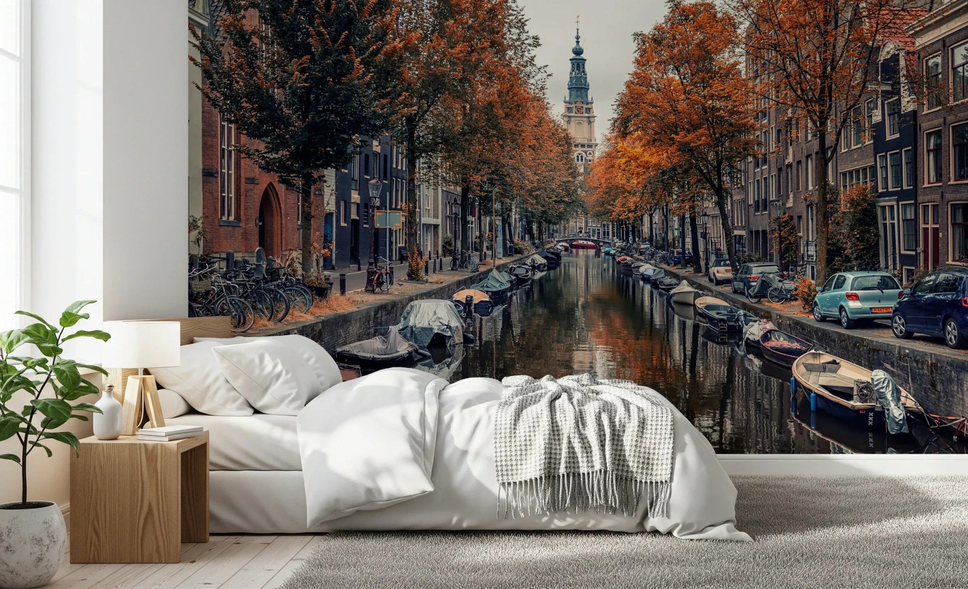 Autumn Canal Charm Wall Mural in a minimalist living room wallpaper mural