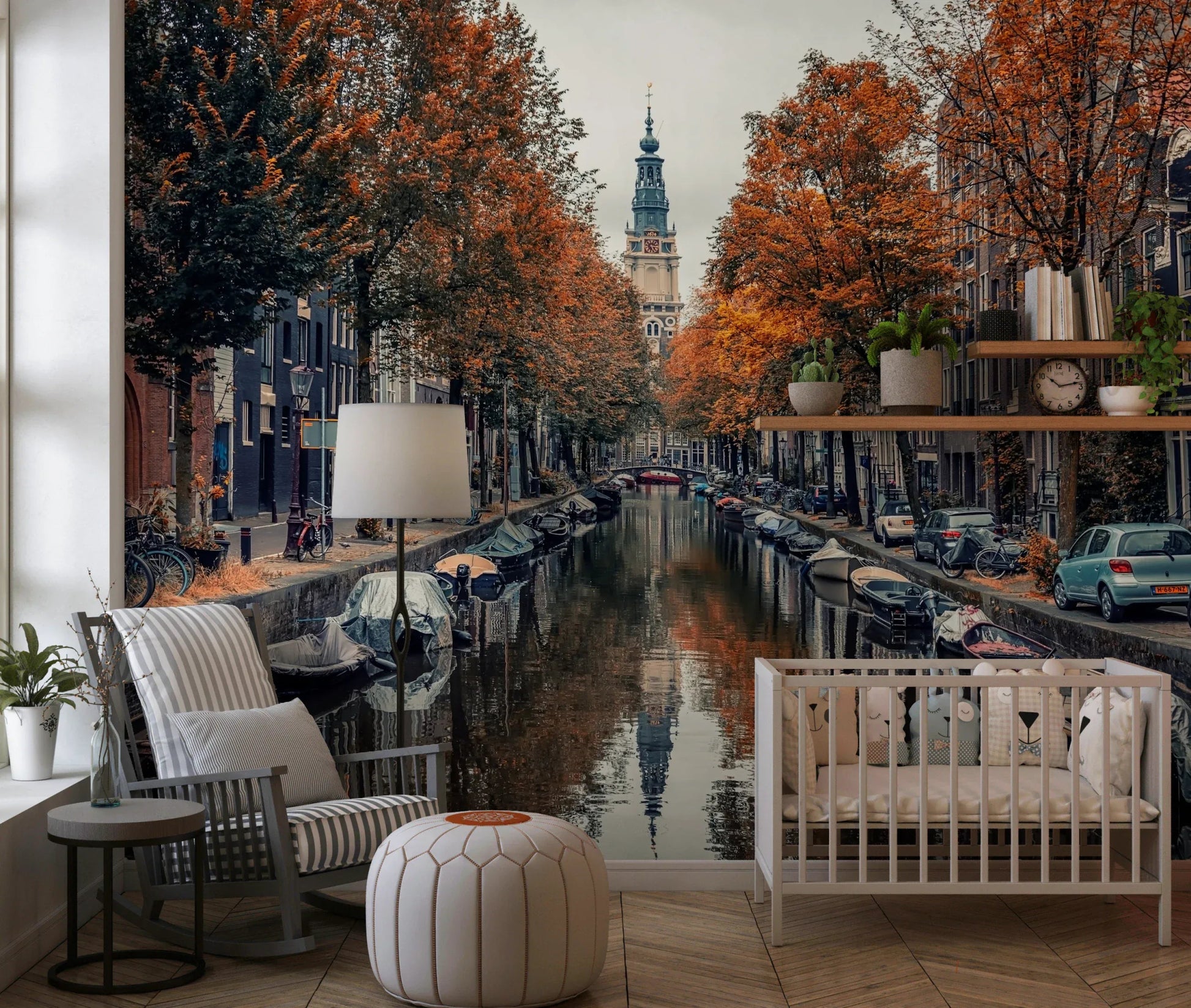 Peaceful river park scenery wallpaper mural for modern study rooms.