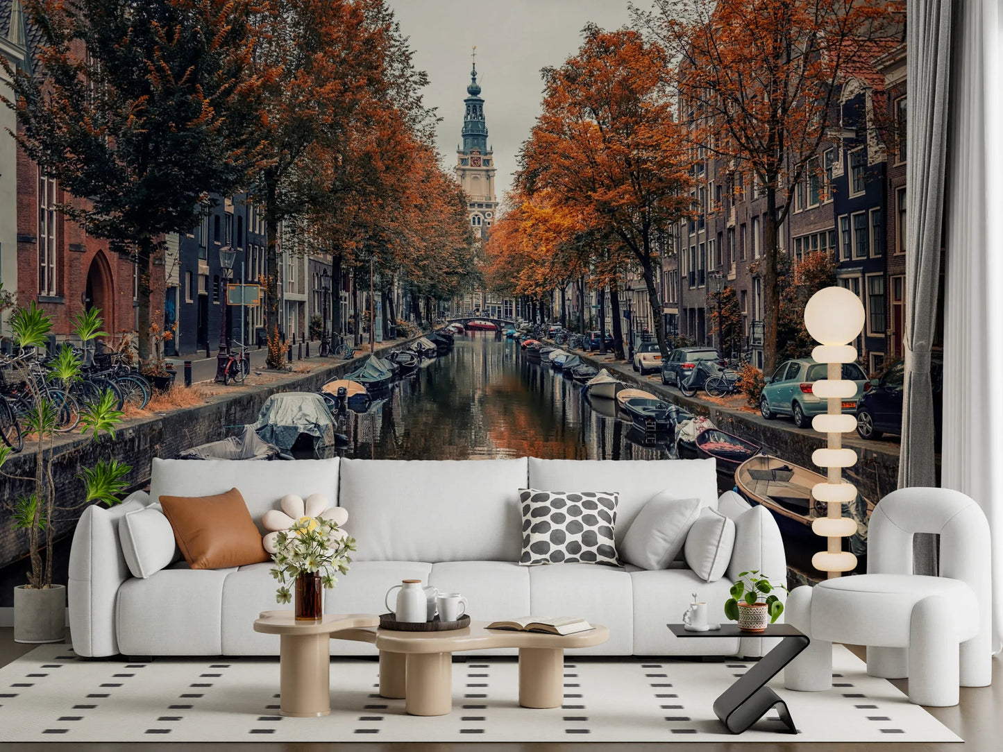 Vibrant fall foliage canal wallpaper mural for interior styling.