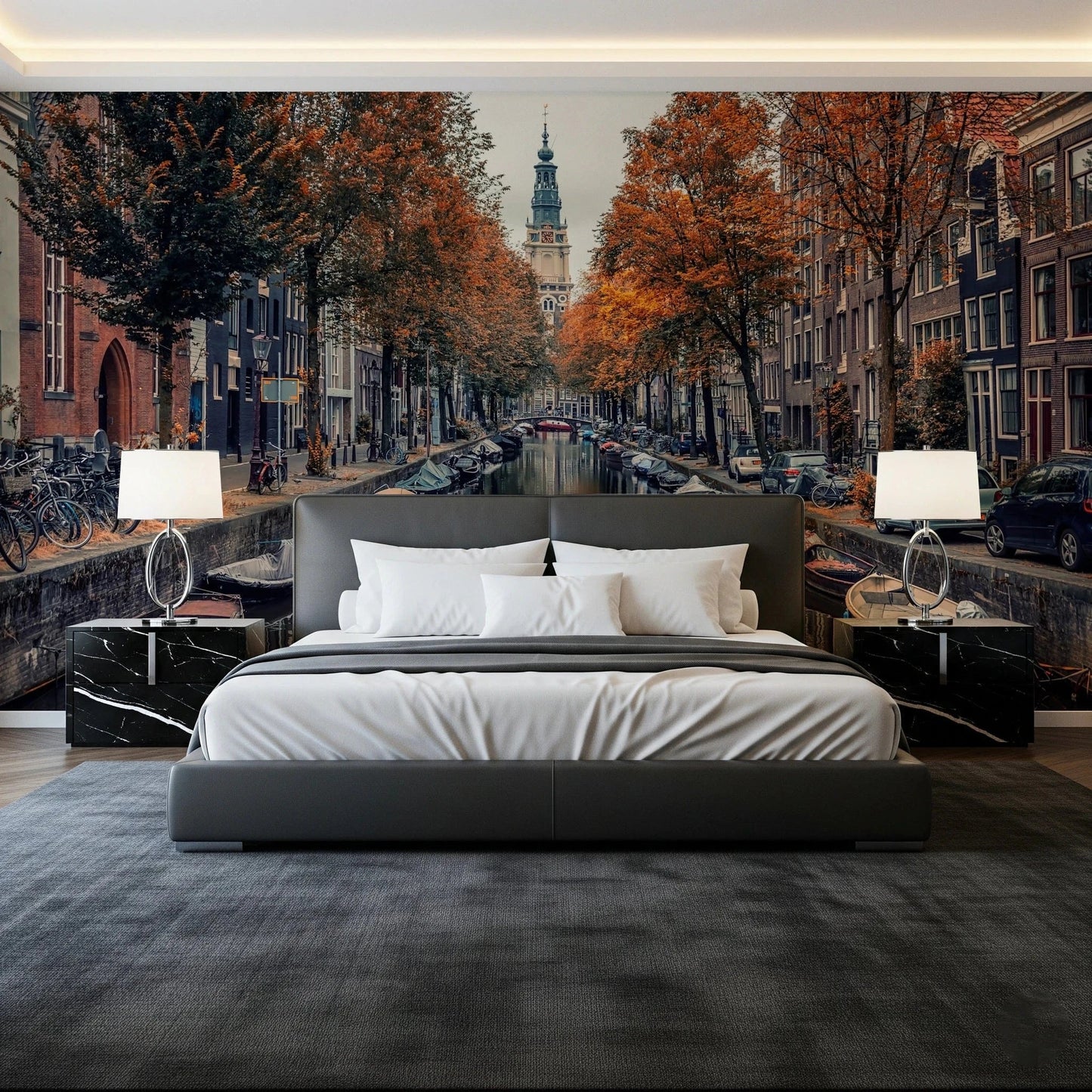 Scenic orange tree canal wallpaper mural for bedroom feature walls.