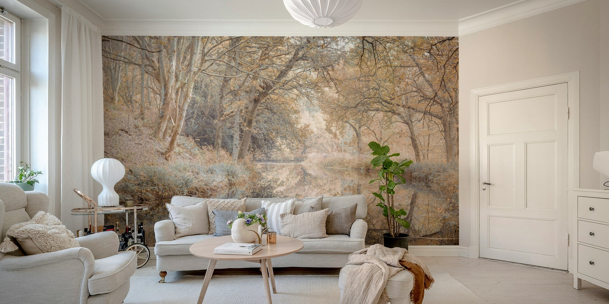 Peaceful canal scene with autumn leaves

