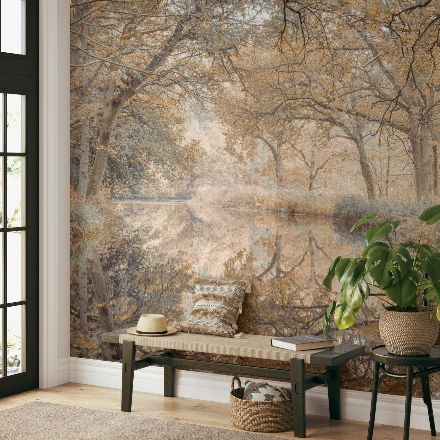 Canal with trees in autumn wall mural

