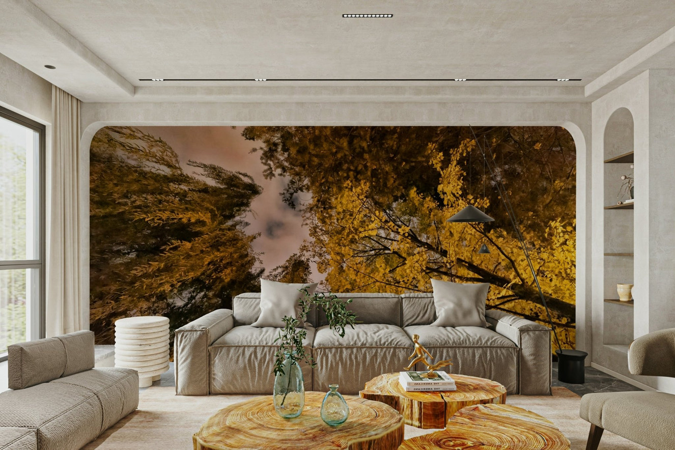 A realistic wall mural of an autumn forest canopy at twilight.

