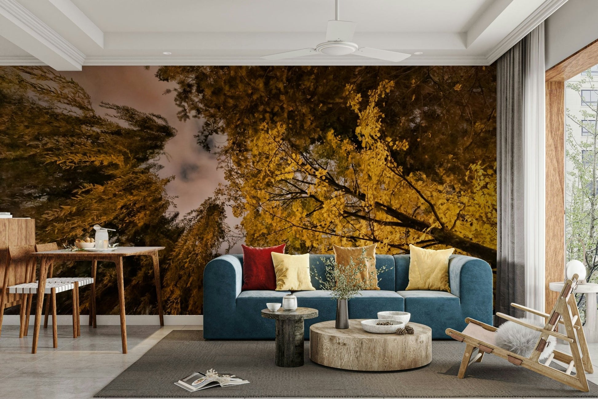 A large-scale photography print of a fall landscape.

