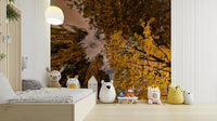 The wall mural is installed on a living room feature wall.

