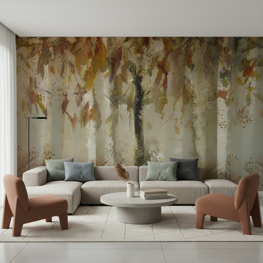 An artistic changing leaves mural on scenic wallpaper., GD5629