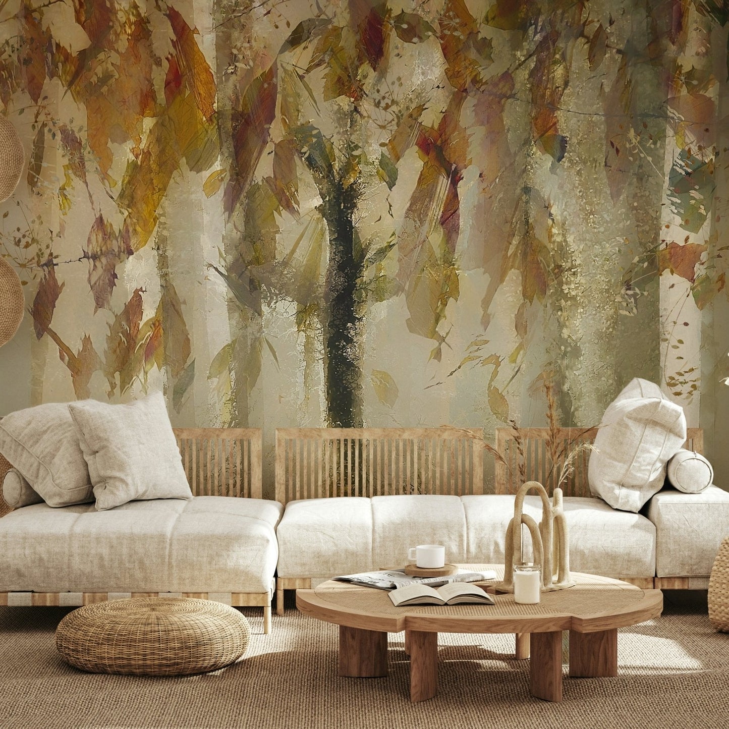 A graceful subtle leaf wall mural in warm, natural tones., GD5629