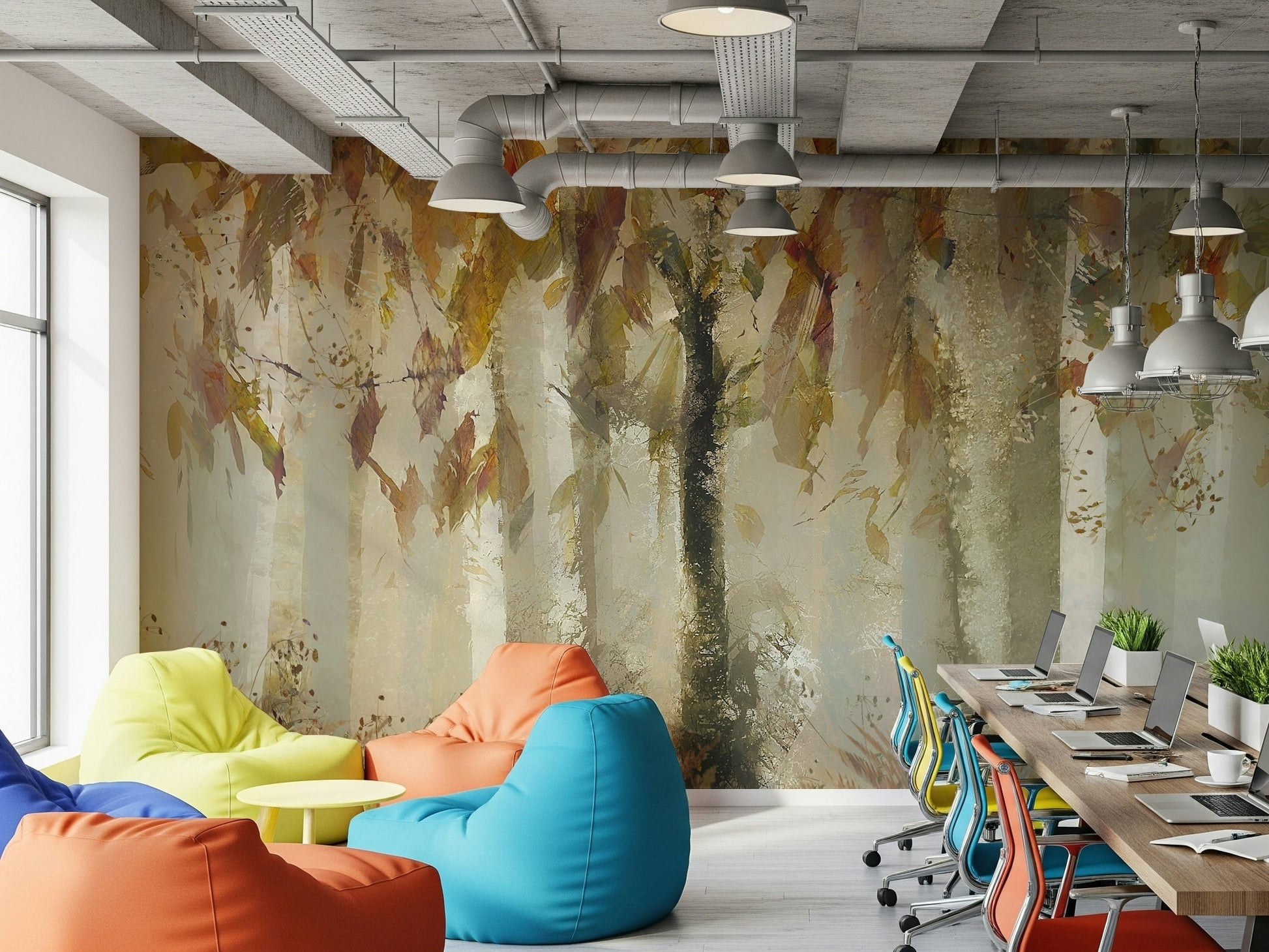 A peaceful woodland vista mural on decorative wallpaper., GD5629
