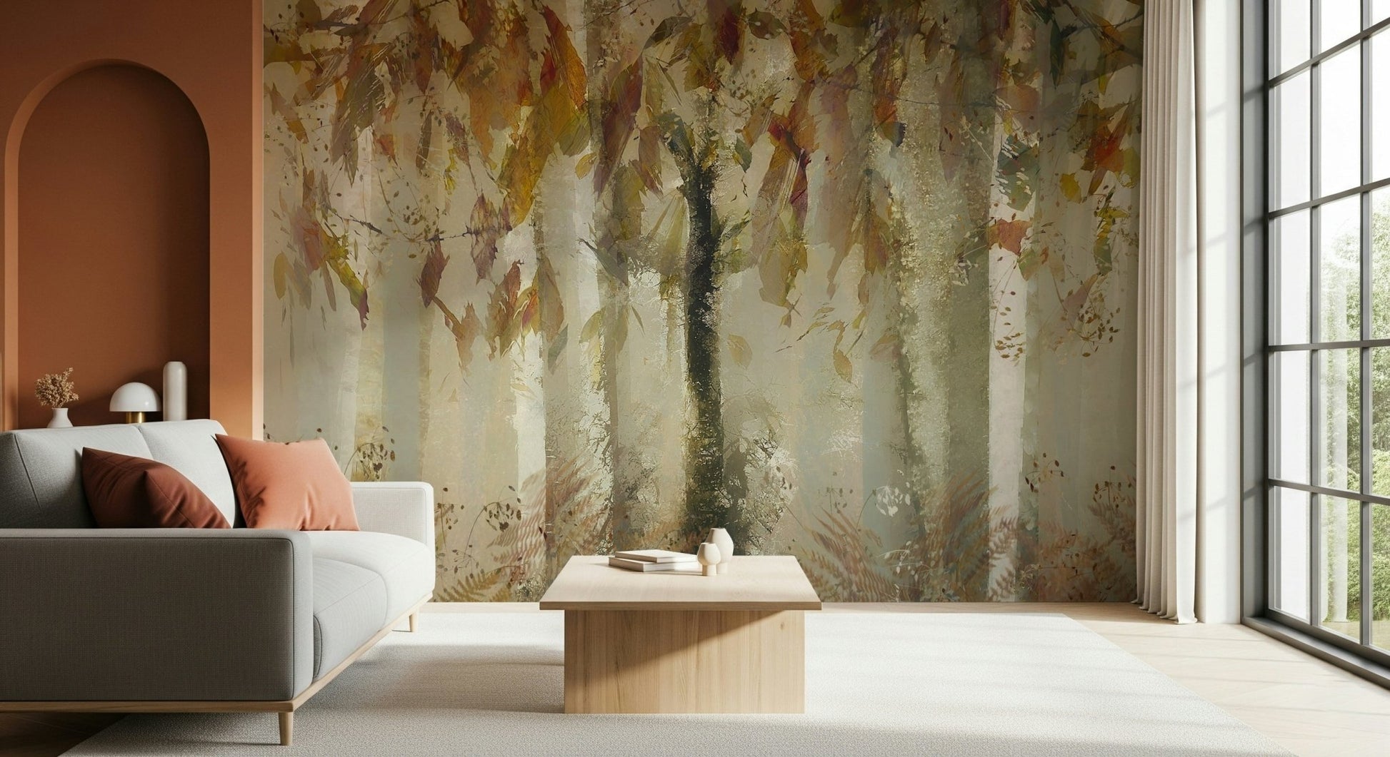 A beautiful autumnal canopy wallpaper mural with warm, rich colors., GD5629