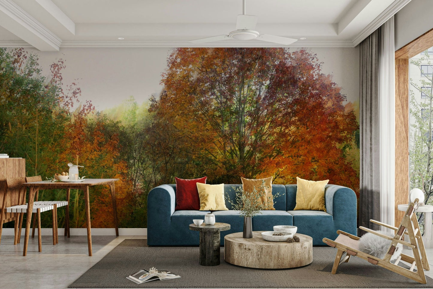 The wallpaper is applied seamlessly, making the forest seem to continue into the room.

