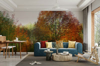 The wallpaper is applied seamlessly, making the forest seem to continue into the room.

