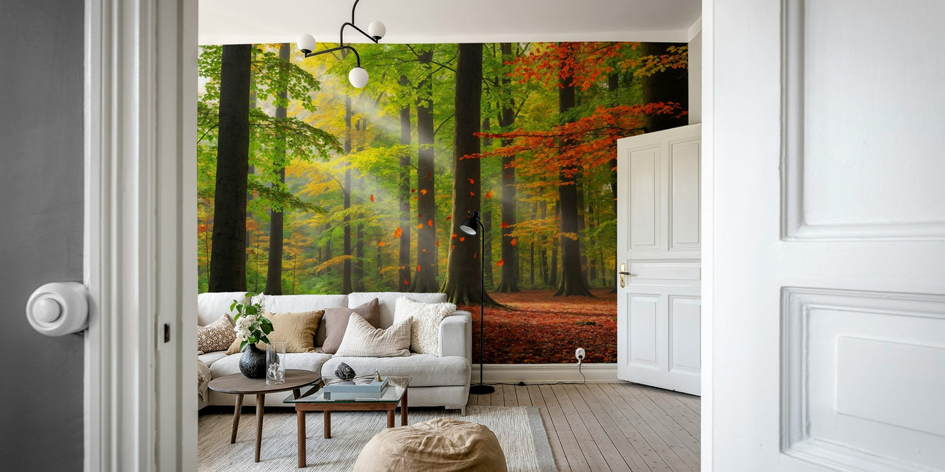 A peaceful wall mural with a charming autumn forest scene.

