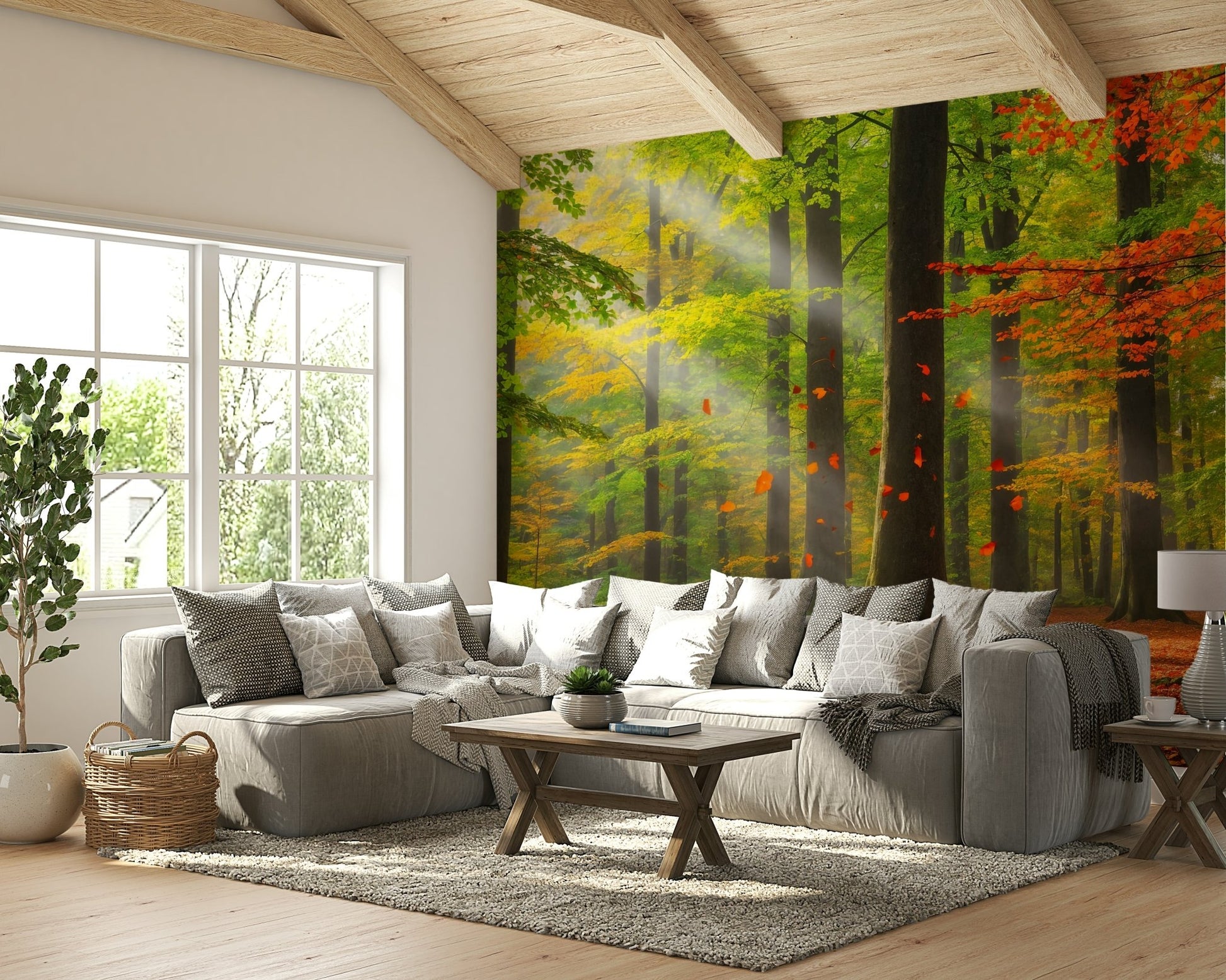 The design features tall trees with glowing autumn leaves.

