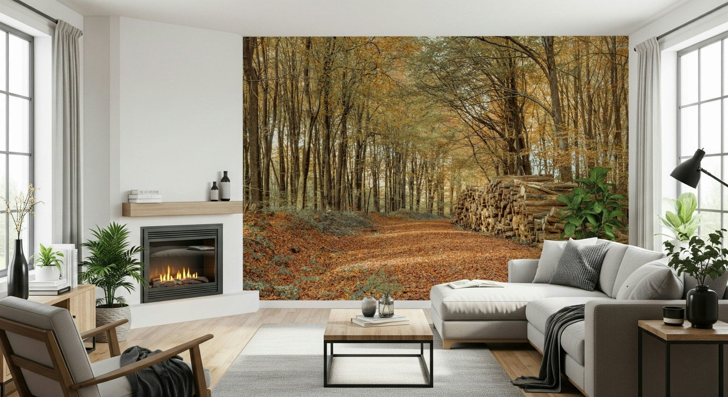 Wooded path Autumn Forest Scene Wall Mural with logs.