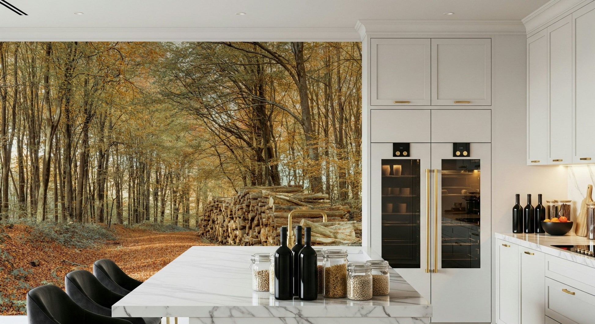 Tall trees Autumn Forest Scene Wall Mural with yellow leaves.