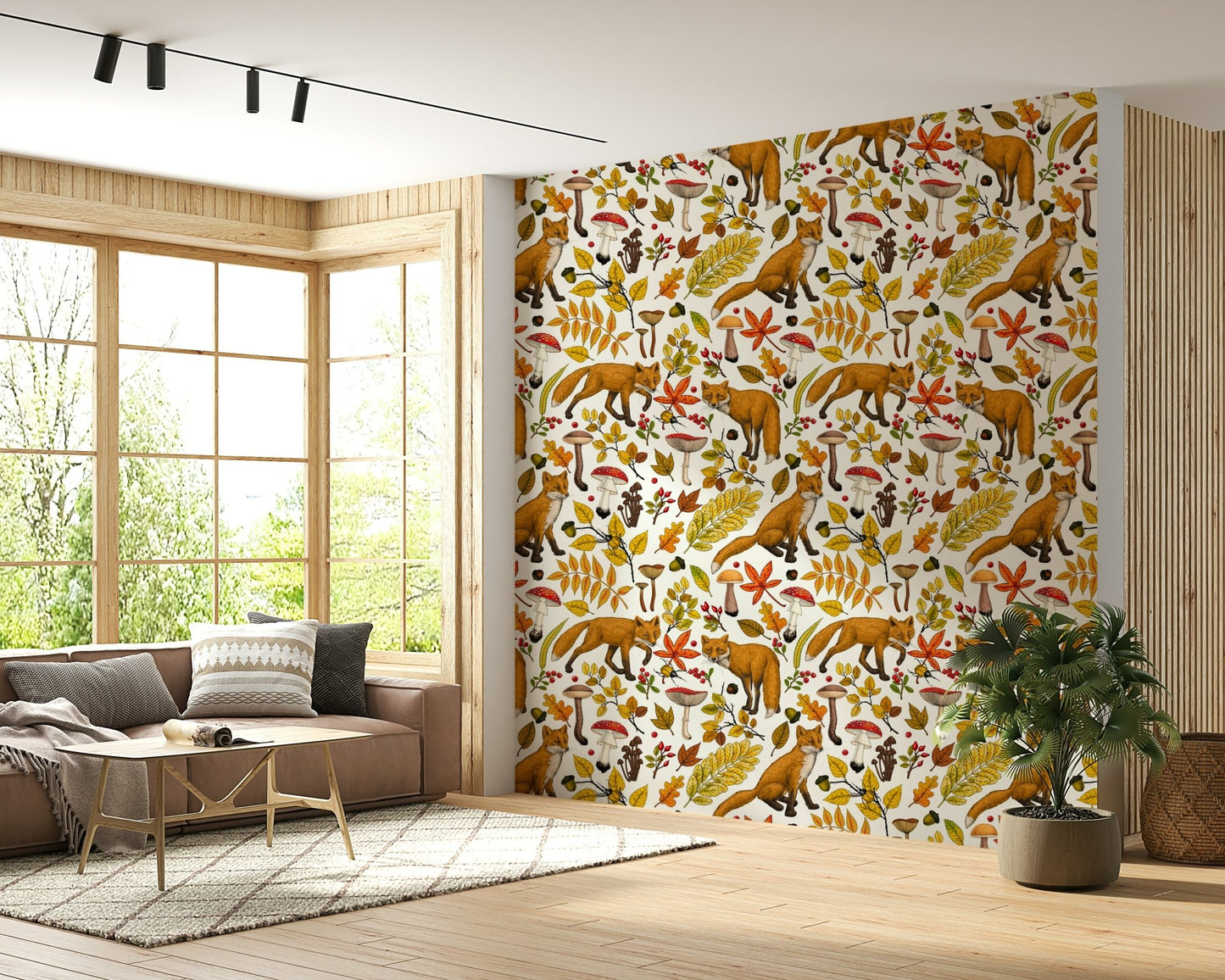 A serene woodland animal wallpaper mural featuring playful foxes., GD5631