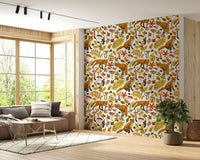 A serene woodland animal wallpaper mural featuring playful foxes., GD5631