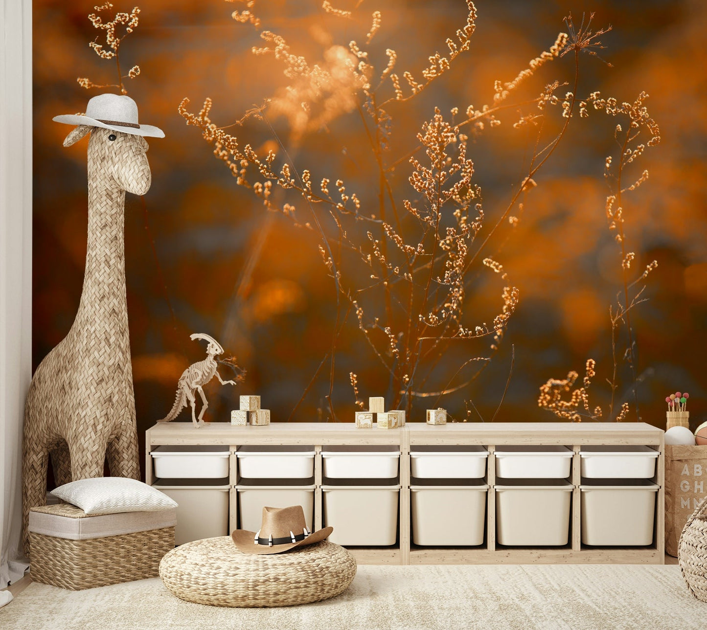 Close-up of sunlit autumn grasses.

