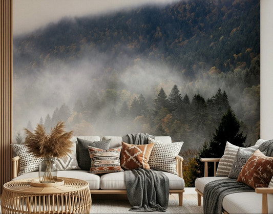 Soft morning light spreads across a living room with Autumn Haze wall mural backdrop