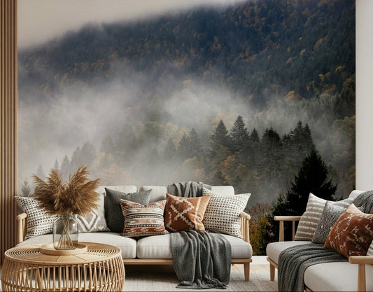 Soft morning light spreads across a living room with Autumn Haze wall mural backdrop