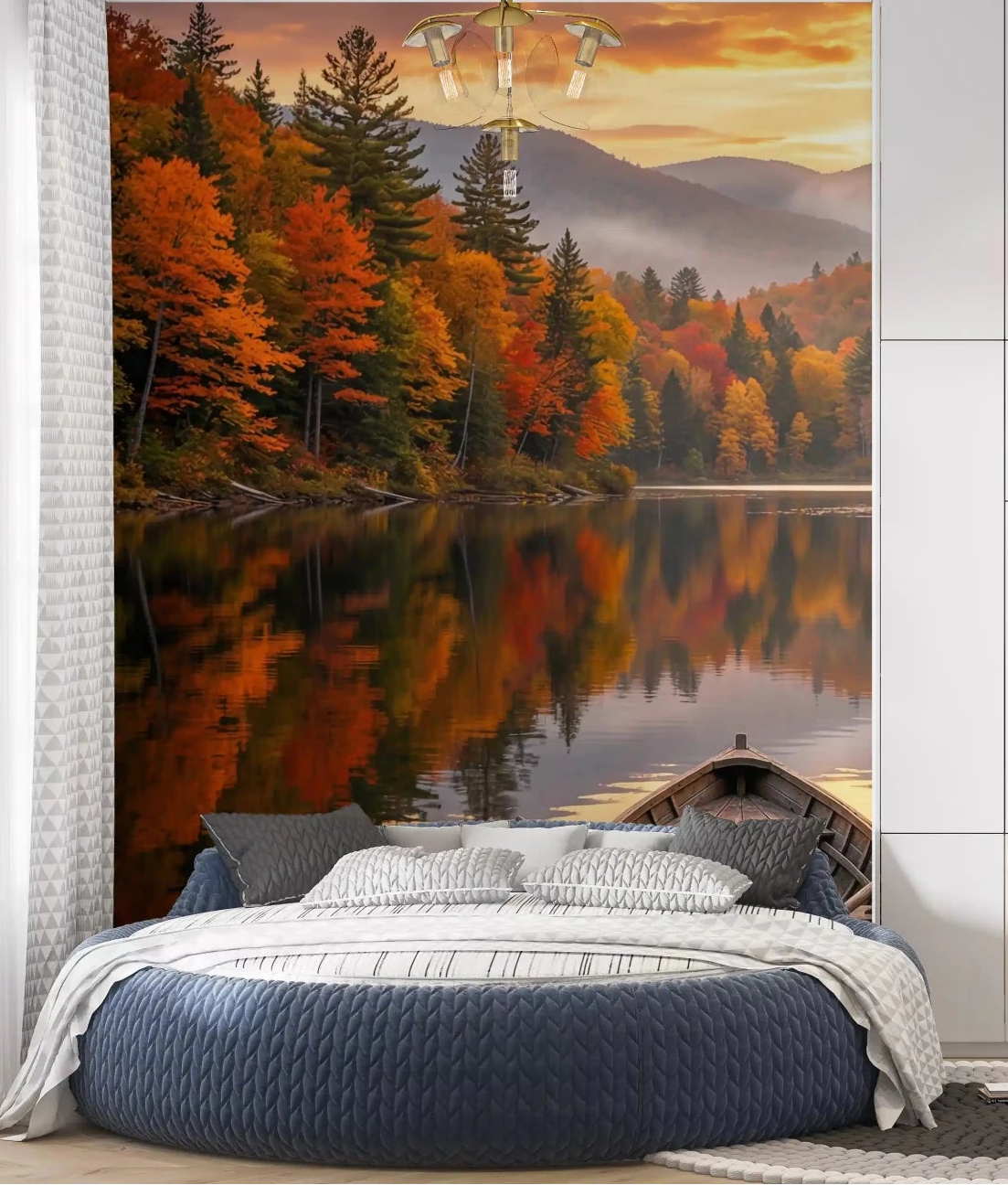 Autumn Lake Serenity Wall Mural behind a Bedroom with calm lake and glowing fall trees, GD8932