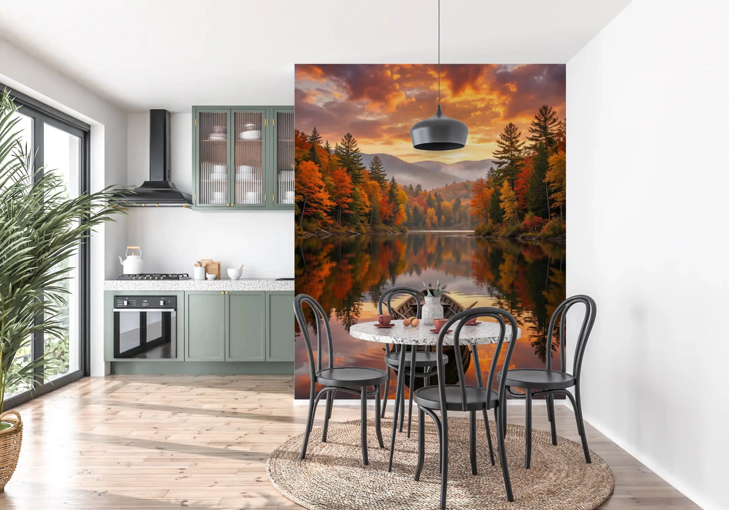 Dining space centered on Autumn Lake Serenity Wall Mural with sunset lake reflections, GD8932