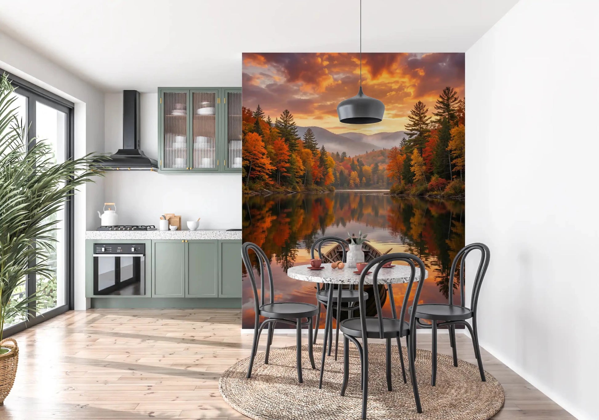 Dining space centered on Autumn Lake Serenity Wall Mural with sunset lake reflections, GD8932