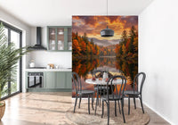 Dining space centered on Autumn Lake Serenity Wall Mural with sunset lake reflections, GD8932