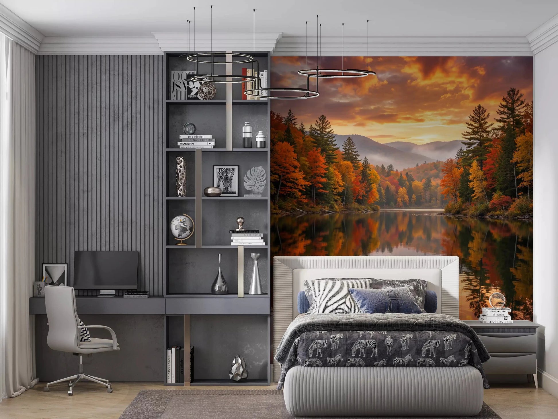 Bedroom finished with Autumn Lake Serenity Wall Mural and a gray upholstered bed, GD8932