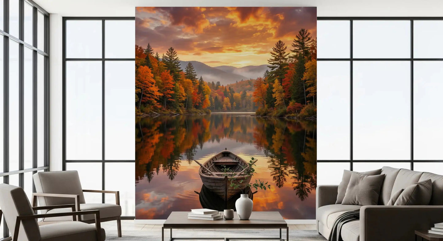 Wide living room view with Autumn Lake Serenity Wall Mural above a low sofa, GD8932