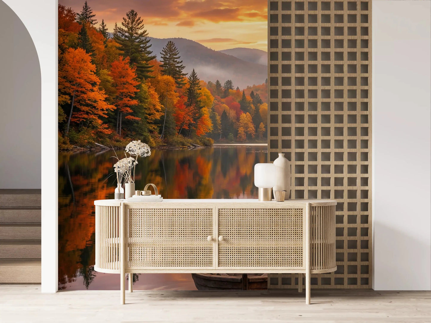 Warm console styled with Autumn Lake Serenity Wall Mural in an elegant entry, GD8932