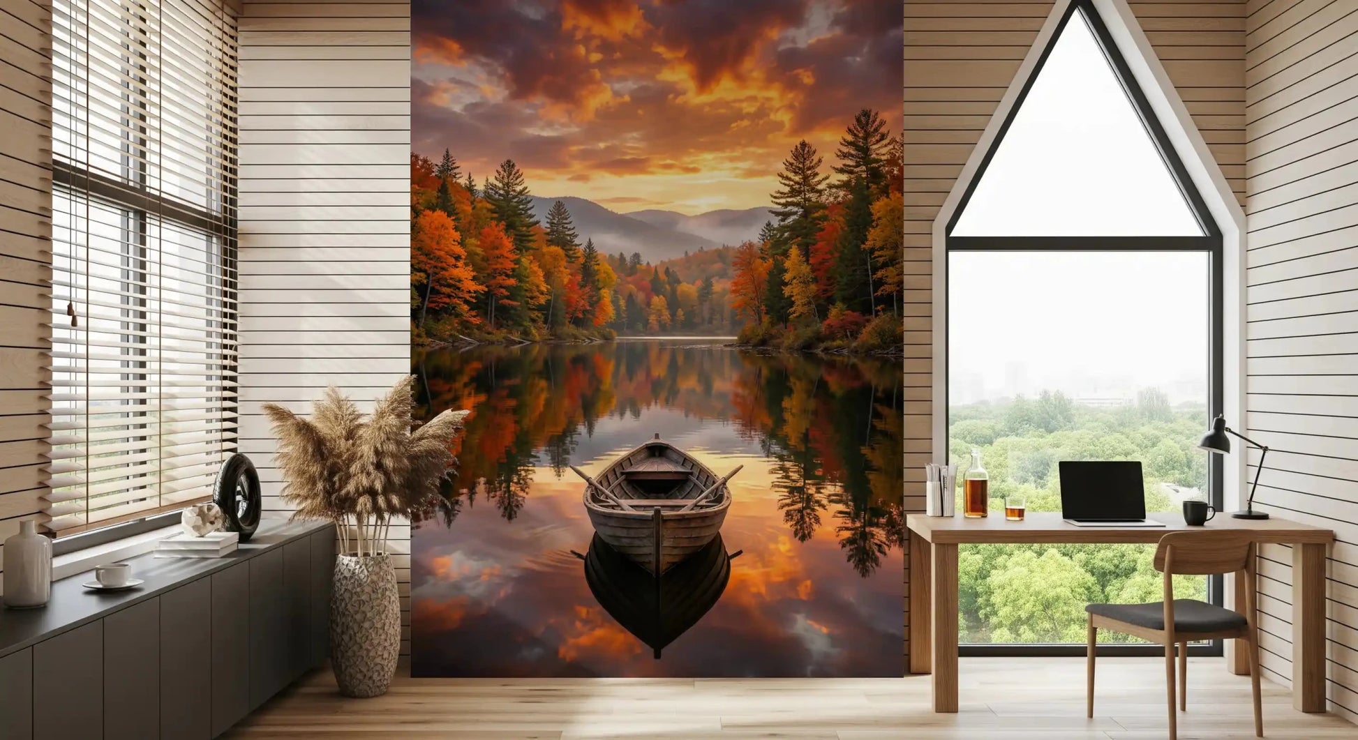Loft room corner showing Autumn Lake Serenity Wall Mural with lake and boat scene, GD8932